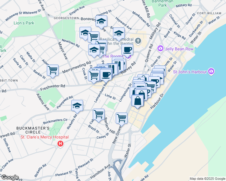 map of restaurants, bars, coffee shops, grocery stores, and more near 13 Cabot Street in St. John's