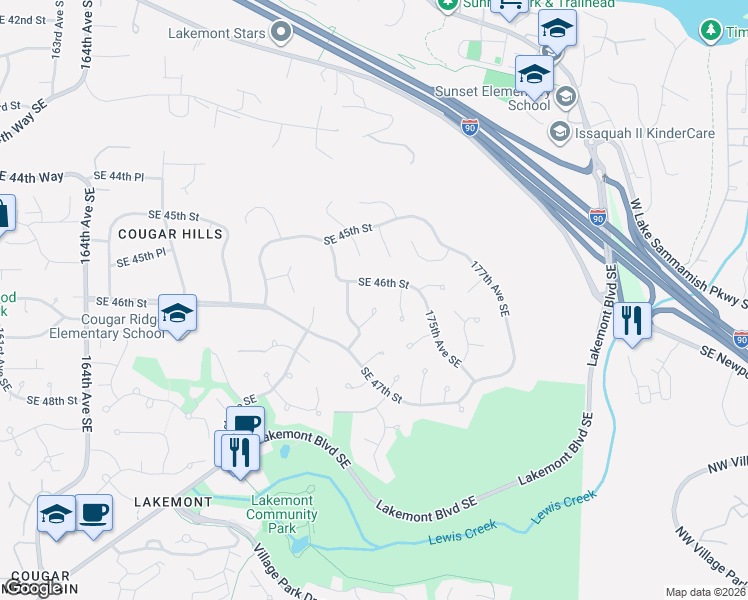 map of restaurants, bars, coffee shops, grocery stores, and more near 17218 Southeast 46th Place in Bellevue