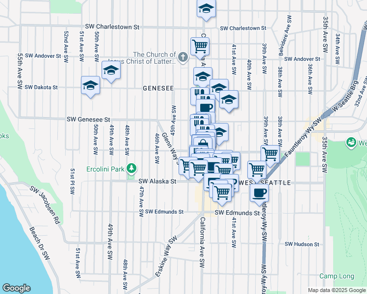 map of restaurants, bars, coffee shops, grocery stores, and more near 4457 44th Avenue Southwest in Seattle