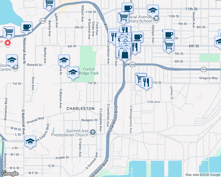 map of restaurants, bars, coffee shops, grocery stores, and more near 106 South Cambrian Avenue in Bremerton