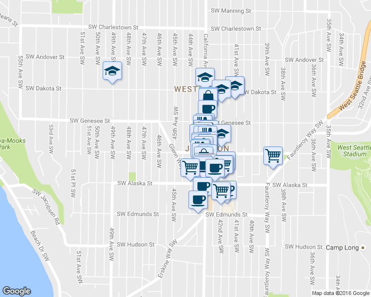 map of restaurants, bars, coffee shops, grocery stores, and more near 4457 44th Avenue Southwest in Seattle