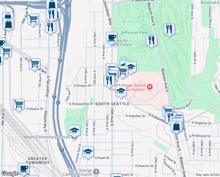 map of restaurants, bars, coffee shops, grocery stores, and more near 4502 14th Avenue South in Seattle