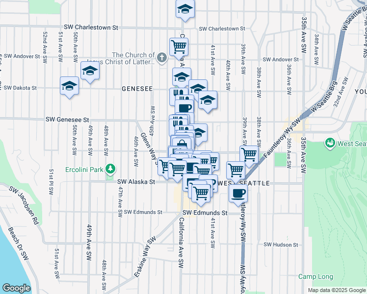 map of restaurants, bars, coffee shops, grocery stores, and more near 4308 Southwest Oregon Street in Seattle