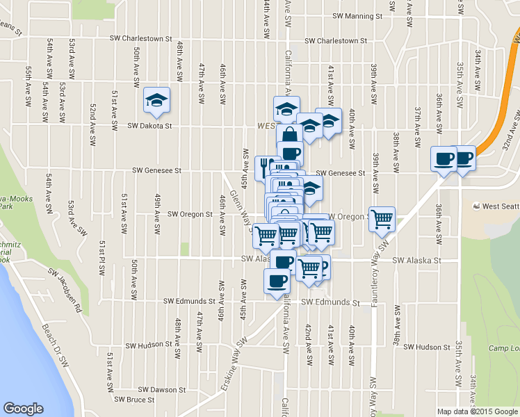 map of restaurants, bars, coffee shops, grocery stores, and more near 4444 44th Avenue Southwest in Seattle