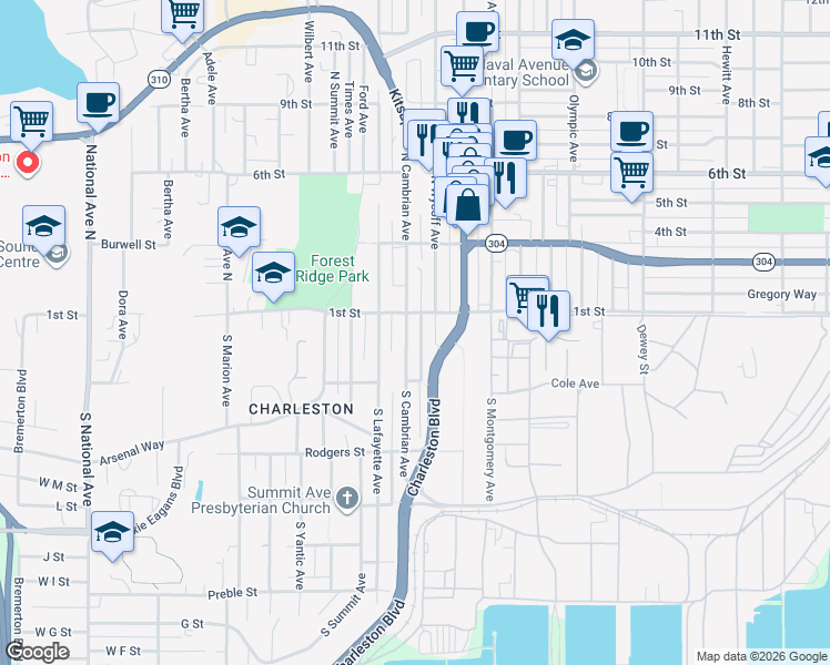 map of restaurants, bars, coffee shops, grocery stores, and more near 106 South Cambrian Avenue in Bremerton