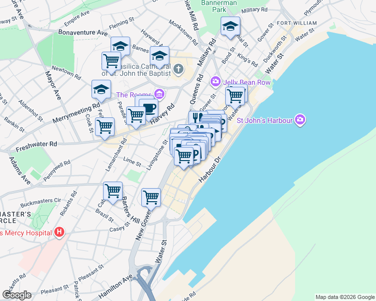 map of restaurants, bars, coffee shops, grocery stores, and more near 40 Henry Street in St. John's