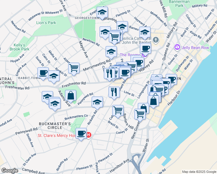 map of restaurants, bars, coffee shops, grocery stores, and more near 35 Boncloddy Street in St. John's