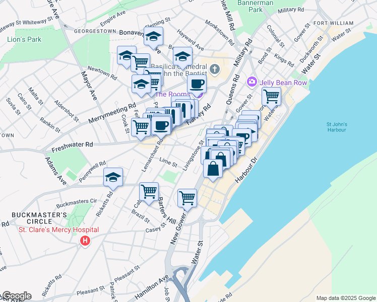map of restaurants, bars, coffee shops, grocery stores, and more near 61 Carters Hill in St. John's