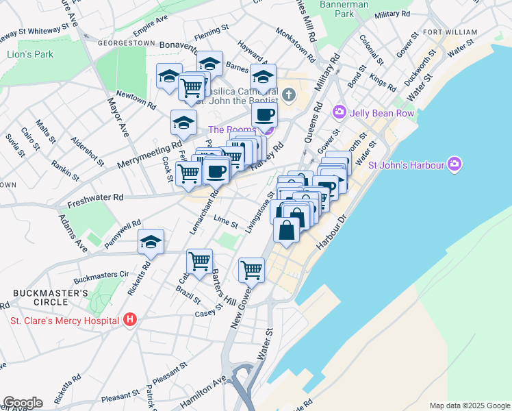 map of restaurants, bars, coffee shops, grocery stores, and more near 55 Carters Hill in St. John's