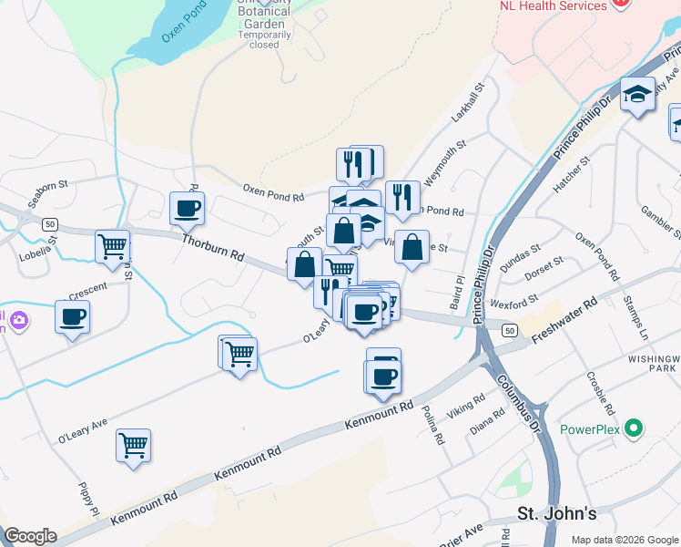 map of restaurants, bars, coffee shops, grocery stores, and more near 3 Larkhall Street in St. John's