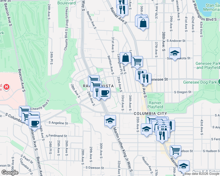 map of restaurants, bars, coffee shops, grocery stores, and more near 3091 31st Avenue South in Seattle