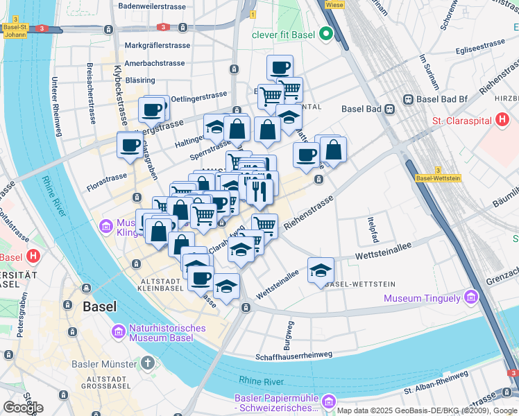 map of restaurants, bars, coffee shops, grocery stores, and more near 25 Messeplatz in Basel