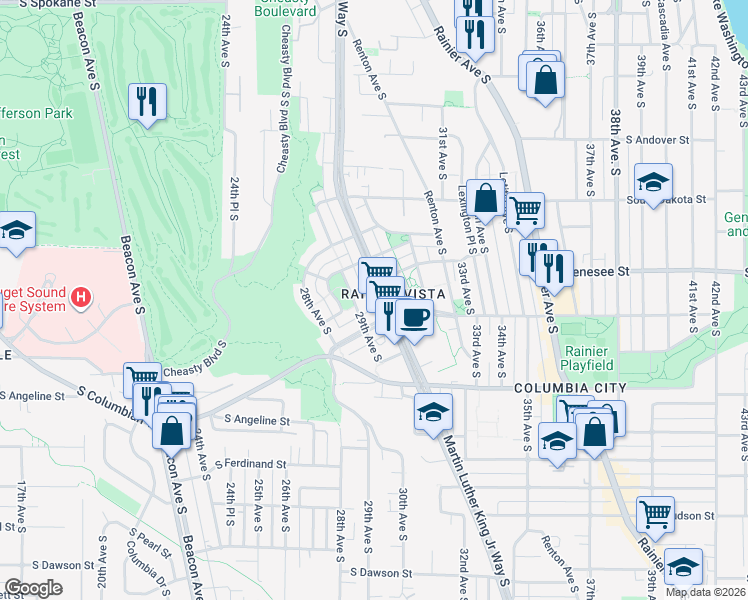 map of restaurants, bars, coffee shops, grocery stores, and more near 4425 Martin Luther King Jr Way S in Seattle