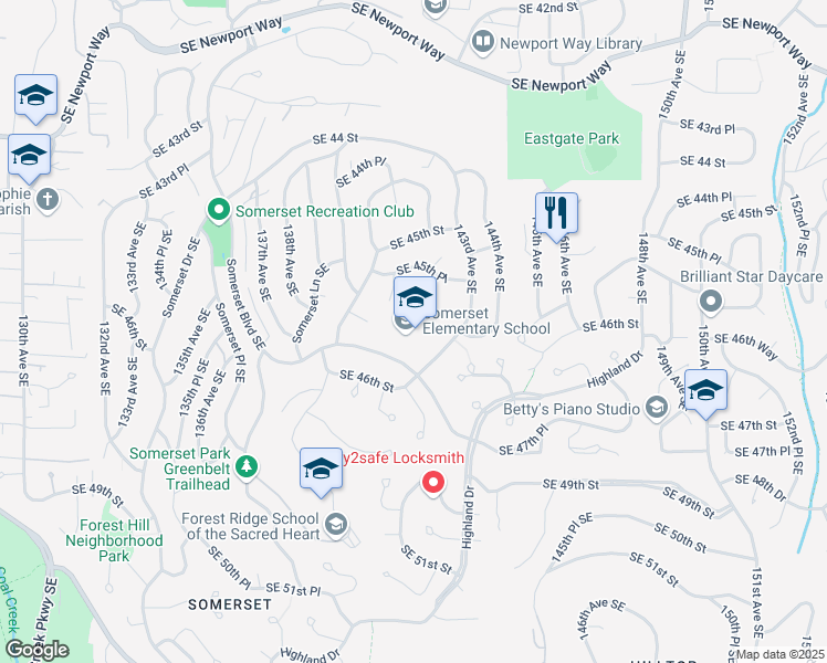 map of restaurants, bars, coffee shops, grocery stores, and more near 14100 Somerset Boulevard Southeast in Bellevue