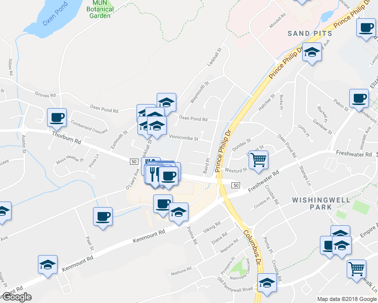 map of restaurants, bars, coffee shops, grocery stores, and more near 7 Prestwick Place in St. John's