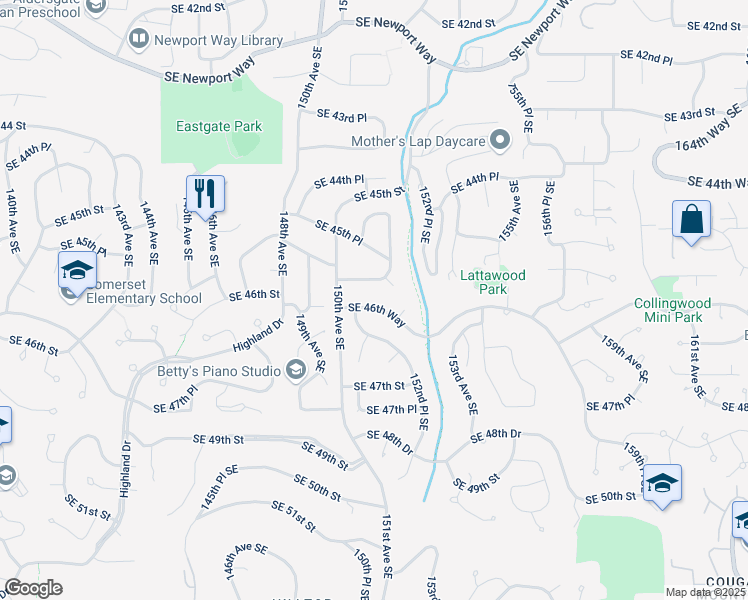 map of restaurants, bars, coffee shops, grocery stores, and more near 15034 Southeast 46th Way in Bellevue