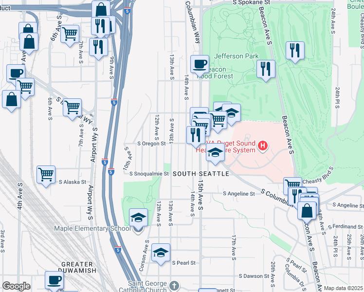 map of restaurants, bars, coffee shops, grocery stores, and more near 4502 14th Avenue South in Seattle