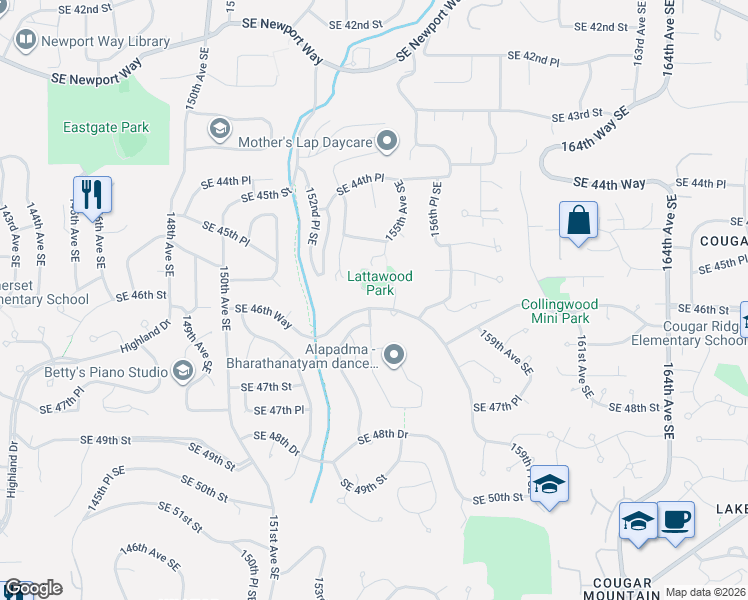 map of restaurants, bars, coffee shops, grocery stores, and more near 15402 Southeast 46th Way in Bellevue