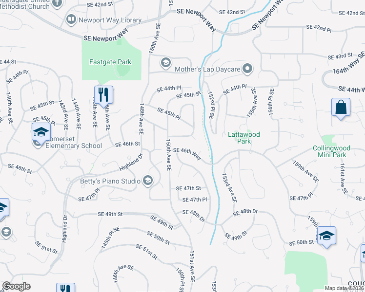 map of restaurants, bars, coffee shops, grocery stores, and more near 15034 Southeast 46th Way in Bellevue
