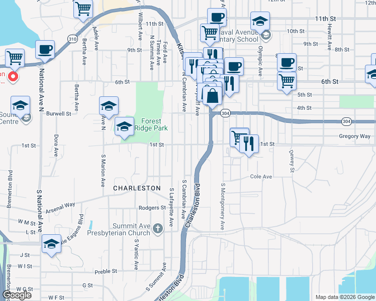 map of restaurants, bars, coffee shops, grocery stores, and more near 106 South Cambrian Avenue in Bremerton