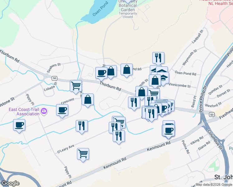 map of restaurants, bars, coffee shops, grocery stores, and more near 83 Thorburn Road in St. John's