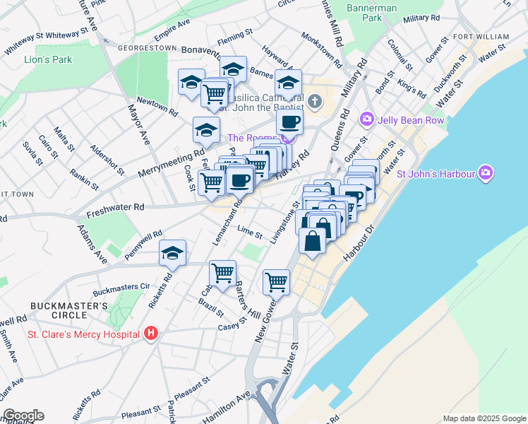 map of restaurants, bars, coffee shops, grocery stores, and more near 91 Carters Hill in St. John's