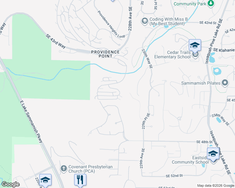 map of restaurants, bars, coffee shops, grocery stores, and more near 22575 Southeast 45th Street in Issaquah