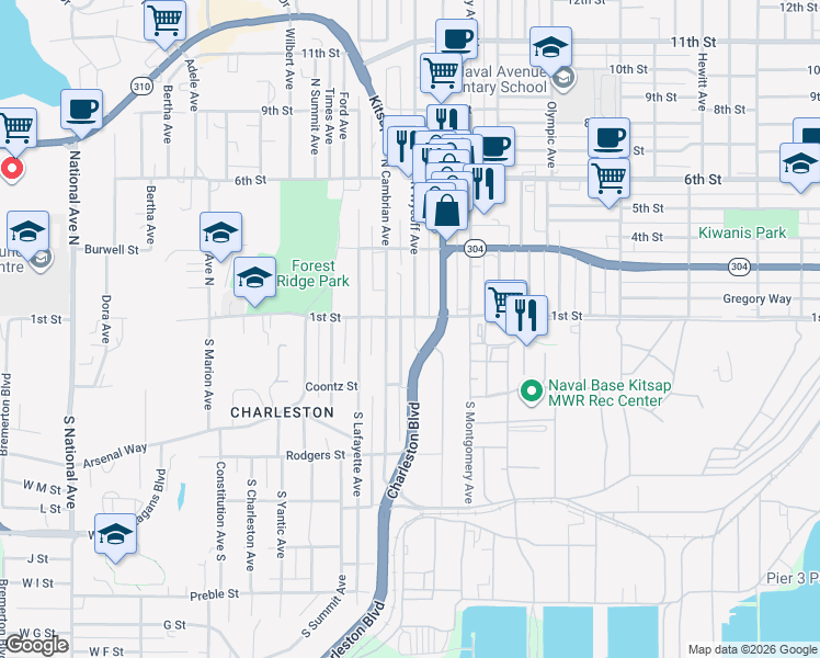map of restaurants, bars, coffee shops, grocery stores, and more near 106 South Cambrian Avenue in Bremerton
