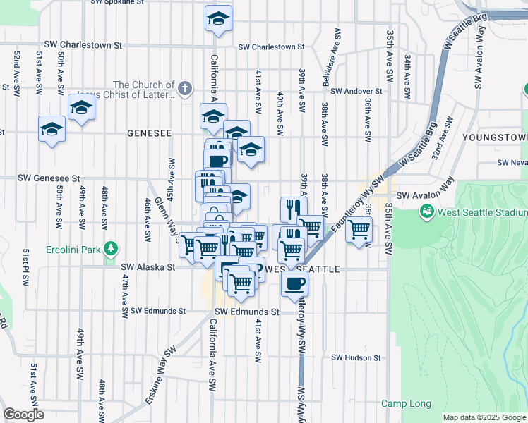 map of restaurants, bars, coffee shops, grocery stores, and more near 4440 41st Avenue Southwest in Seattle