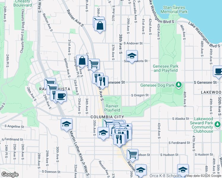 map of restaurants, bars, coffee shops, grocery stores, and more near 4400 37th Avenue South in Seattle