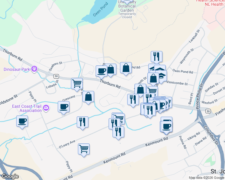map of restaurants, bars, coffee shops, grocery stores, and more near 83 Thorburn Road in St. John's