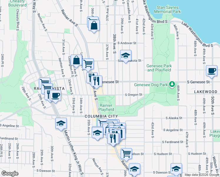map of restaurants, bars, coffee shops, grocery stores, and more near 4400 37th Avenue South in Seattle