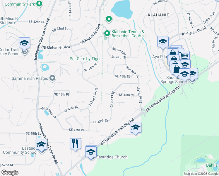map of restaurants, bars, coffee shops, grocery stores, and more near 24411 Southeast 46th Street in Issaquah