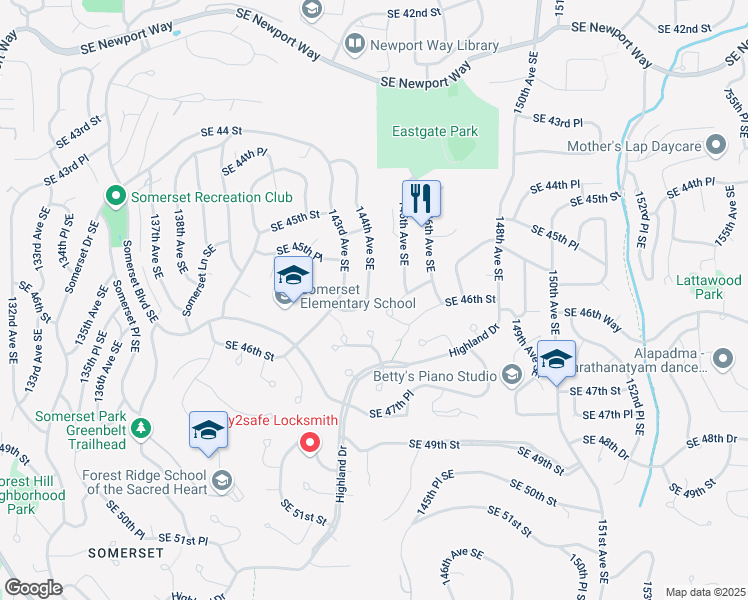 map of restaurants, bars, coffee shops, grocery stores, and more near 4572 144th Avenue Southeast in Bellevue