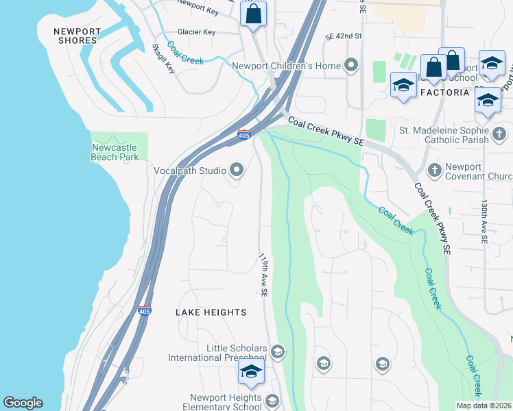 map of restaurants, bars, coffee shops, grocery stores, and more near 4615 119th Avenue Southeast in Bellevue