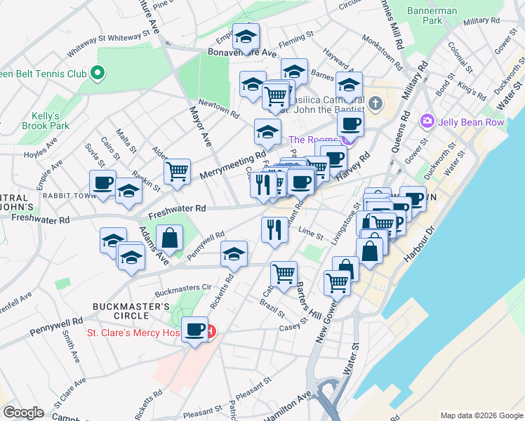 map of restaurants, bars, coffee shops, grocery stores, and more near 8 Pennywell Road in St. John's