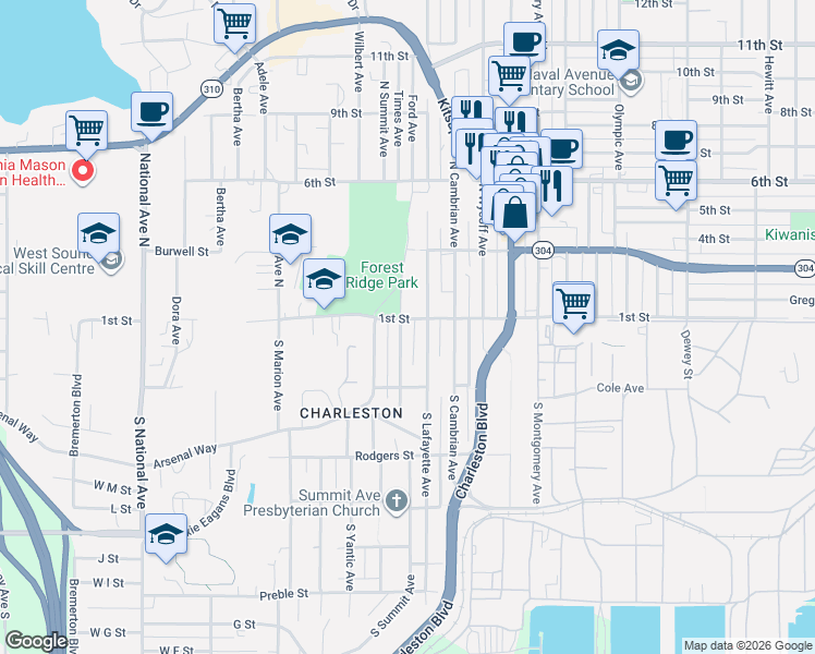 map of restaurants, bars, coffee shops, grocery stores, and more near 102 South Summit Avenue in Bremerton