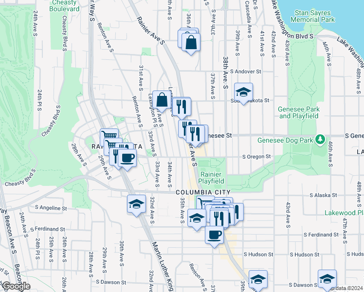 map of restaurants, bars, coffee shops, grocery stores, and more near 4420 Letitia Avenue South in Seattle