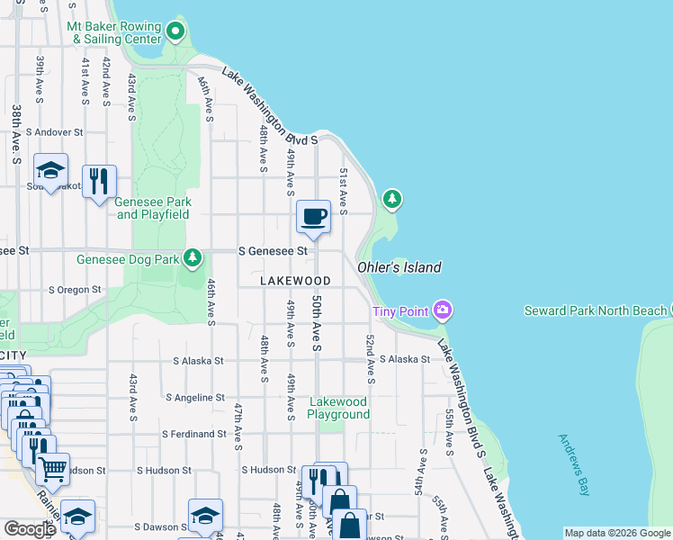 map of restaurants, bars, coffee shops, grocery stores, and more near 4421 51st Avenue South in Seattle