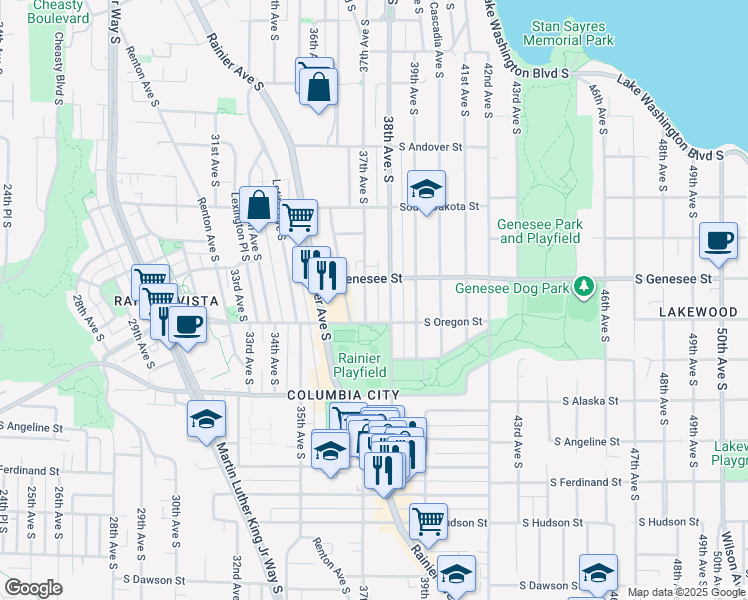 map of restaurants, bars, coffee shops, grocery stores, and more near 4400 37th Avenue South in Seattle