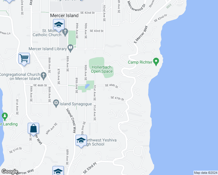 map of restaurants, bars, coffee shops, grocery stores, and more near 9211 Southeast 46th Street in Mercer Island