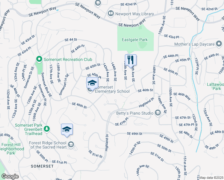 map of restaurants, bars, coffee shops, grocery stores, and more near 4614 143rd Avenue Southeast in Bellevue