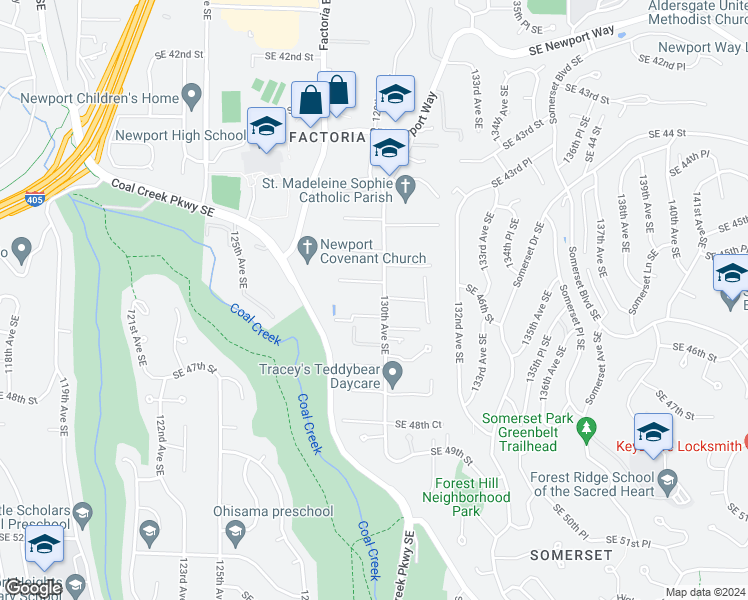 map of restaurants, bars, coffee shops, grocery stores, and more near 4601 130th Avenue Southeast in Bellevue