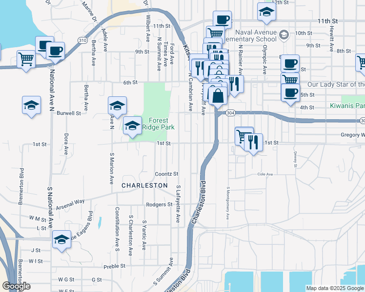 map of restaurants, bars, coffee shops, grocery stores, and more near 104 South Lafayette Avenue in Bremerton