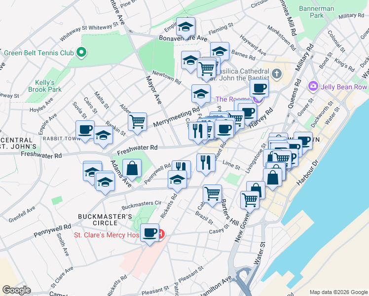 map of restaurants, bars, coffee shops, grocery stores, and more near 61 Freshwater Road in St. John's