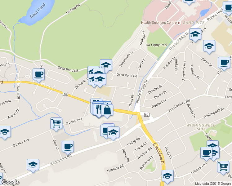 map of restaurants, bars, coffee shops, grocery stores, and more near 7 Macpherson Avenue in St. John's