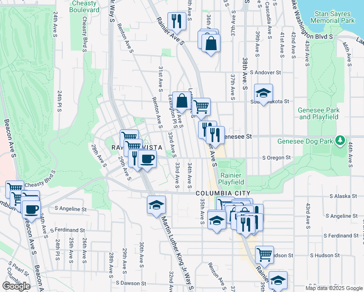 map of restaurants, bars, coffee shops, grocery stores, and more near 4437 34th Avenue South in Seattle