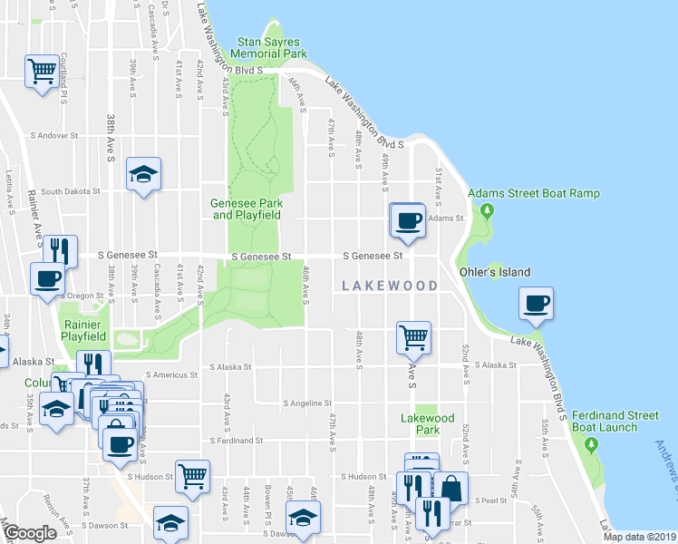map of restaurants, bars, coffee shops, grocery stores, and more near 4414 47th Avenue South in Seattle