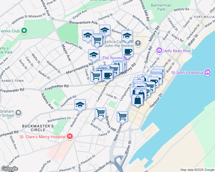 map of restaurants, bars, coffee shops, grocery stores, and more near Cookstown Road in St. John's