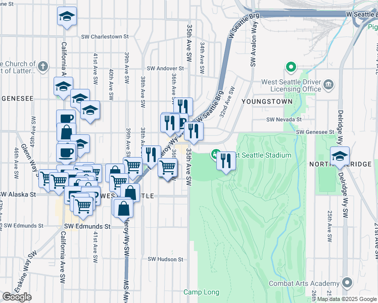 map of restaurants, bars, coffee shops, grocery stores, and more near 3501 Southwest Avalon Way in Seattle